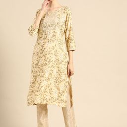Sangria Women Beige Floral Printed Gotta Patti Kurta with Trousers-image-88