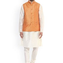 KISAH Men Cream-Coloured & Orange Self-Design Kurta with Churidar & Nehru Jacket-5