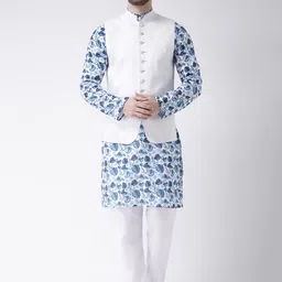 Hangup Men Blue & White Printed Kurta with Pyjamas & Nehru Jacket-picture-52