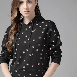 Roadster Women Black & Pink Geometric Printed Hooded Sweatshirt-image-47