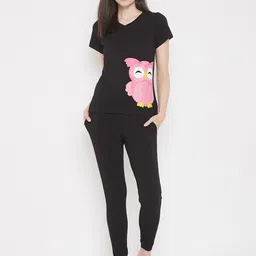 Clovia Women Black & Pink Printed Night Suit-image-72