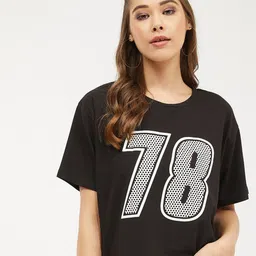 Harpa Women Black  White Printed Round Neck Pure Cotton T-shirt-image-33