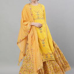 Ishin Women Yellow & Red Embroidered Kurta with Skirt & Dupatta-13