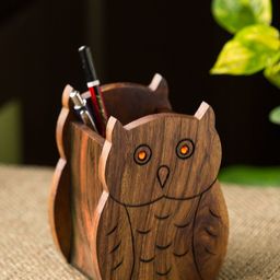 ExclusiveLane Brown Hand Carving Owl Motif Seesham Wooden Desk Organisers-19