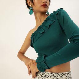 Veni Vidi Vici Green One Shoulder Ruffles Crop Top-image-56