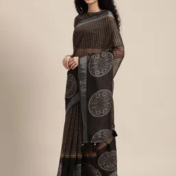 Anouk Black & Beige Checked Pure Linen Saree-picture-56