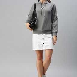 Campus Sutra Women Grey Solid Hooded Applique Detailed Sweatshirt-image-44