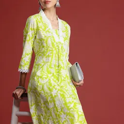 Indo Era Women Floral Printed Pleated Pure Cotton Kurta with Trousers-picture-21