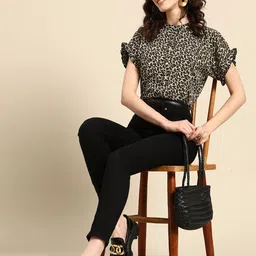 Sangria Animal Print Mandarin Collar Crepe Top-54