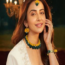 AccessHer Crystal Stones Studded Gota Patti Haldi Mehendi Floral Jewellery Set-48