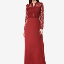 V&M Women Maroon Self Design Lace Trimmed Maxi Dress-image-28