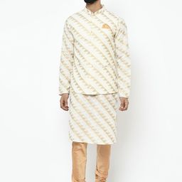 KISAH Men Cream-Coloured & Gold-Toned Self Design Kurta with Churidar & Nehru Jacket-19