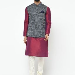 KISAH Men Maroon & White Solid Kurta with Pyjamas & Nehru Jacket-image-18
