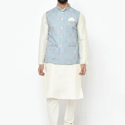 KISAH Men Blue & White Solid Kurta with Churidar & Nehru Jacket-picture-10