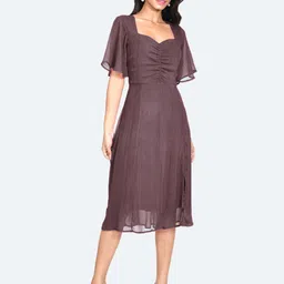 Zink London Sweetheart Neck Flared Sleeves Ruched Linen Fit & Flare Midi Dress-picture-2