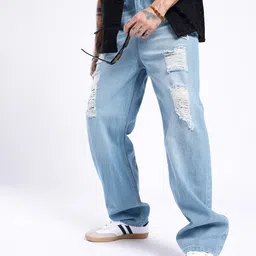 glitchez Men Urban Edge Loose Fit Highly Distressed Light Fade Jeans-image-69