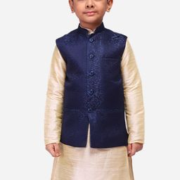 NAMASKAR Boys Navy Blue Woven Design Nehru Jacket-picture-13