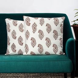 Contrast Living Set Of 2 White & Brown Ethnic Motifs Square Cushion Covers-24