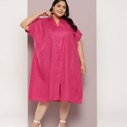 Qurvii+ Plus Size Solid Shirt Oversized Midi Dress-image-80