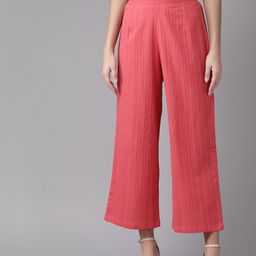 anayna Women Coral Pink Self-Striped Straight Palazzos-7