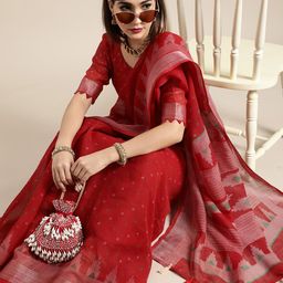 Saree Mall Blazing Red Linen Blend Saree-picture-53