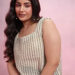 DressBerry Curve Plus Size Vertically Self-Striped Square Neck Top with Open Knits-image-42