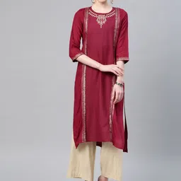 W Women Maroon & Golden Printed Straight Kurta-image-18