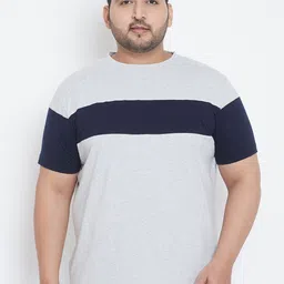 bigbanana Men Plus Size Grey Striped Round Neck T-shirt-image-13