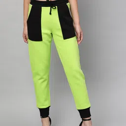 STREET 9 Women Fluorescent Green & Black Colourblocked Slim Fit Solid Joggers-image-94