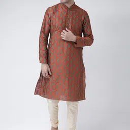 DEYANN Men Rust Orange Printed Straight Kurta-image-34