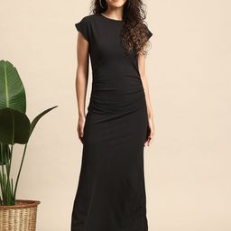 Mast & Harbour Solid Boat Neck Extended Sleeve Maxi Dress with Ruched Detail-image-61