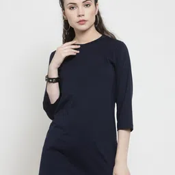 Kalt Women Navy Blue Solid Round Neck T-shirt-image-14