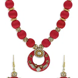 AKSHARA Girls Red & Gold-Toned Kundan Studded Handcrafted Beaded Jewellery Set-image-97