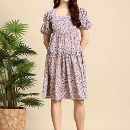 Mast & Harbour Floral Printed Puff Sleeves Tiered A-Line Dress-image-75