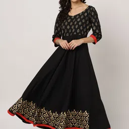 MBE Women Black & Golden Block Print Detail Anarkali Kurta-picture-16