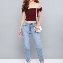 Veni Vidi Vici Women Burgundy Solid Bardot Crop Top-image-22