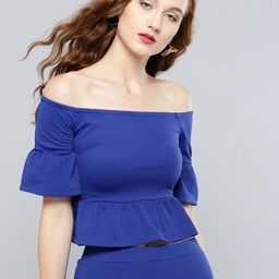 Veni Vidi Vici Women Blue Solid Crop Bardot Top image 1