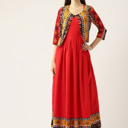 Deewa Women Red & Mustard Yellow Printed Maxi Dress-picture-20