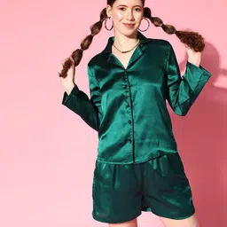 PANIT Women Teal  Solid Slumber Together Satin Set Night Suit-picture-31