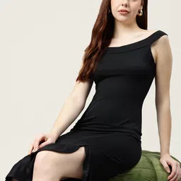 bebe Off-Shoulder Flounce Sheath Party Midi Dress-image-91