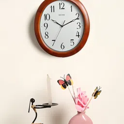 Rhythm Brown & White Handcrafted Round Solid Analogue Wall Clock-9