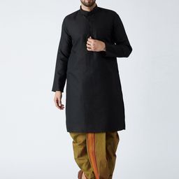 SOJANYA Men Black & Olive Green Solid Kurta with Dhoti Pants-picture-10