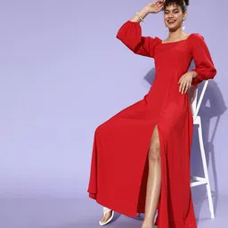 Berrylush Women Red Solid Puff Sleeves Dress-image-24