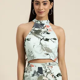 Qurvii Floral Print Halter Neck Crepe Crop Top-image-5