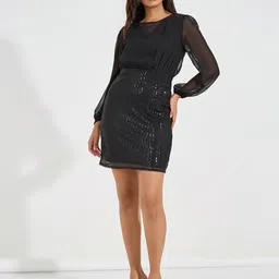 Styli Black Embellished Puff Sleeves Boat Neck Sequinned Sheath Mini Dress-image-25
