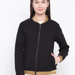 RARE Women Black Solid Bomber Jacket-picture-25