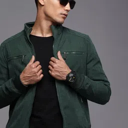 WROGN Men Green Solid Mock Collar Bomber Jacket-image-97