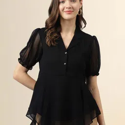 BAESD Lapel Collar Puff Sleeves High-Low Top-image-35
