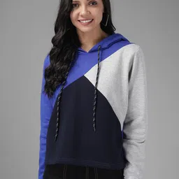 Kotty Women Blue & Black Colourblocked Hooded Sweatshirt-image-8