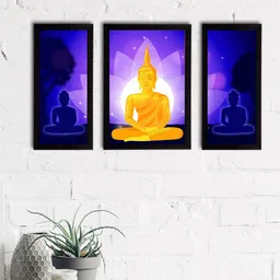eCraftIndia Set Of 3 Blue & Yellow Meditating Lord Buddha Wall Paintings-image-73